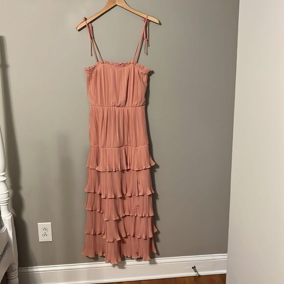Lulus Playing Cupid Pink Pleated Tiered Ruffled Tie-Strap Maxi Dress - Picture 4 of 13